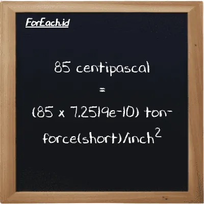 How to convert centipascal to ton-force(short)/inch<sup>2</sup>: 85 centipascal (cPa) is equivalent to 85 times 7.2519e-10 ton-force(short)/inch<sup>2</sup> (tf/in<sup>2</sup>)